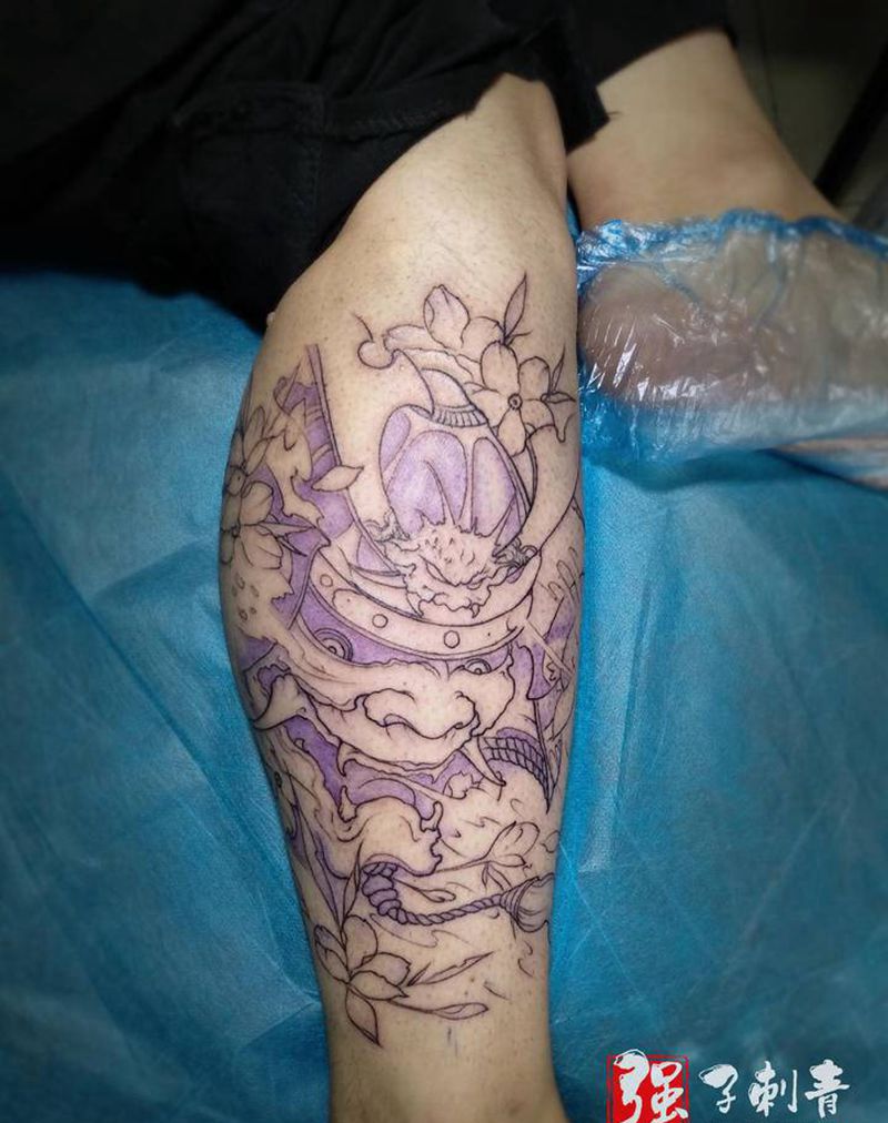 鬼武士线条纹身图片_腿部新传统纹身图案