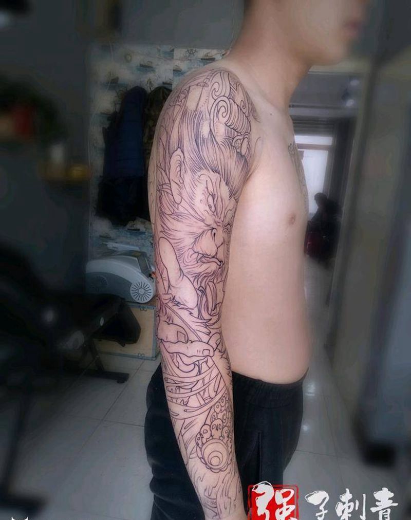 斗战圣佛花臂纹身图片_手臂新传统线条孙悟空齐天大圣纹身图案