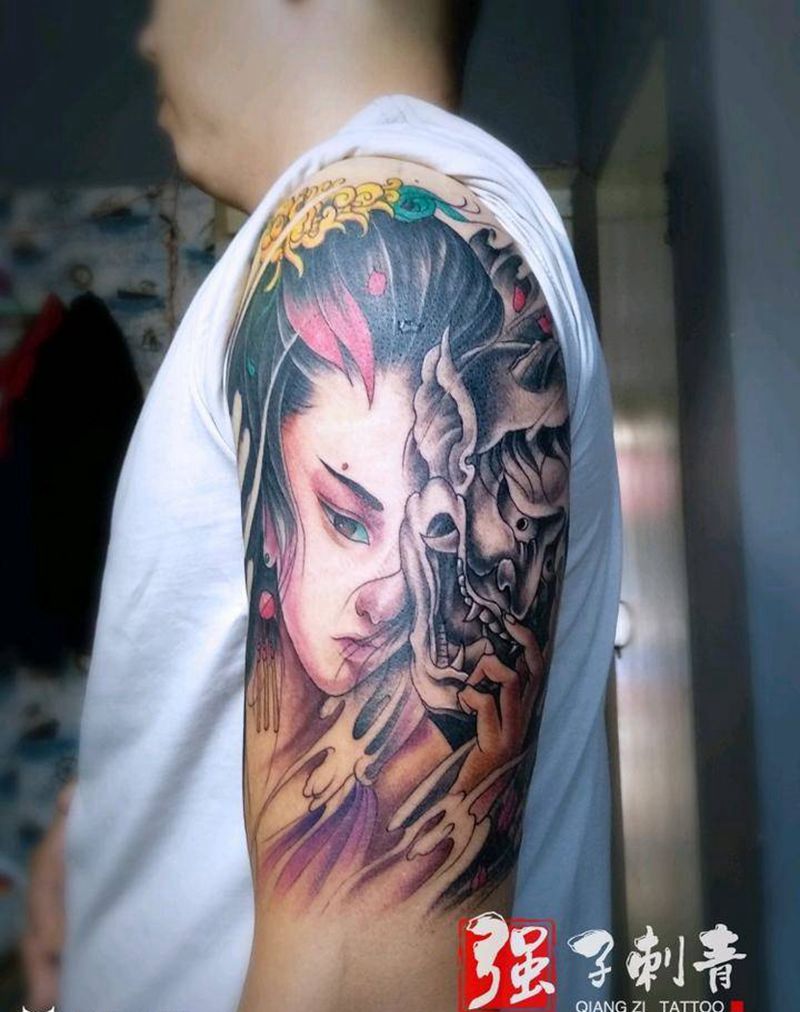 彩色般若艺伎纹身图片_手臂新传统纹身图案
