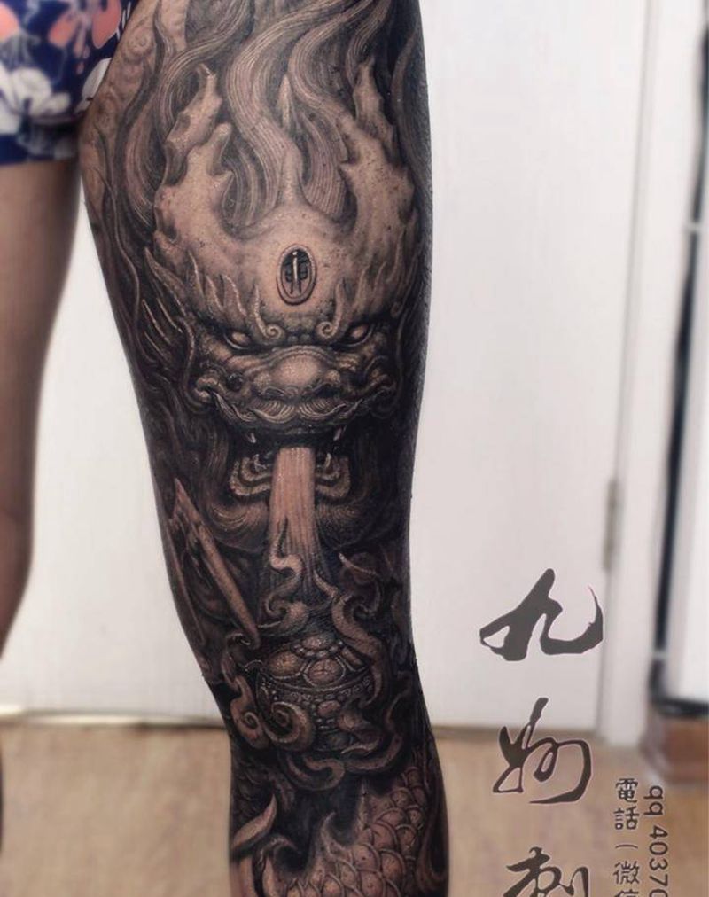 雕龙腿纹身图片