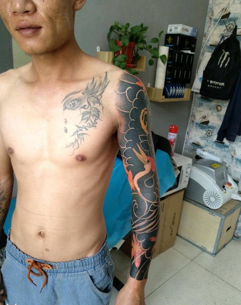 老传统风格花臂《仙鹤》纹身图片_手臂老传统点刺纹身图案