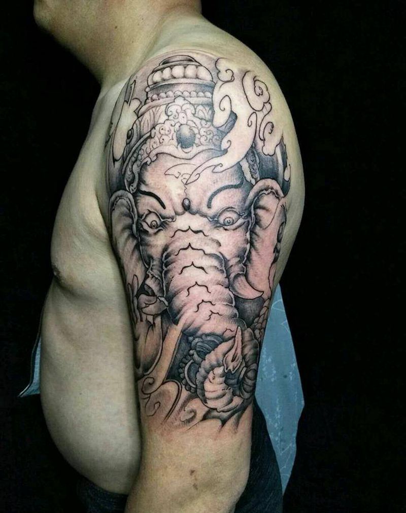 招财象神纹身图片_新传统纹身图案