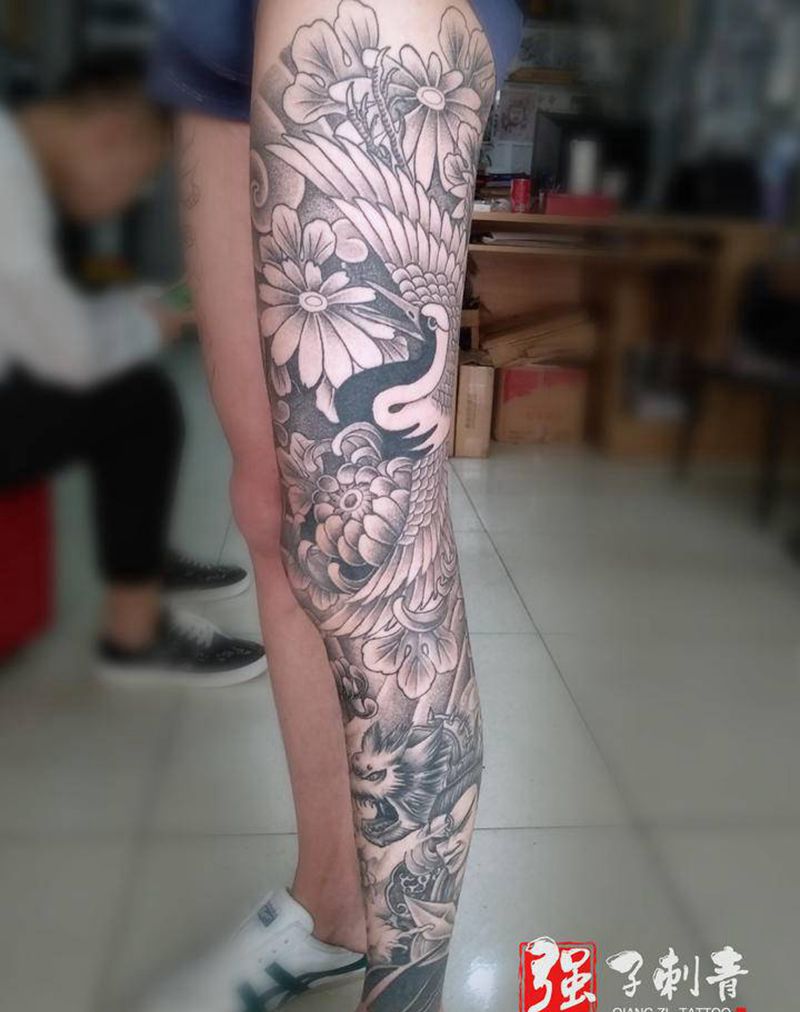 花腿恢复后效果纹身图片_腿部新传统纹身图案