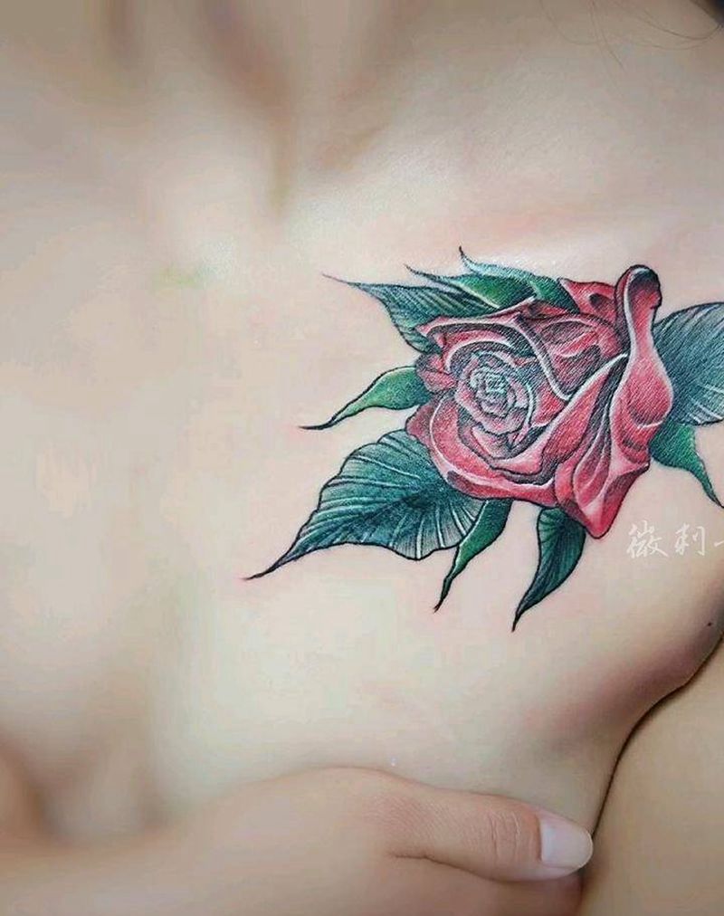 玫瑰纹身图片_胸部欧美清新植物锁骨玫瑰成品纹身图案