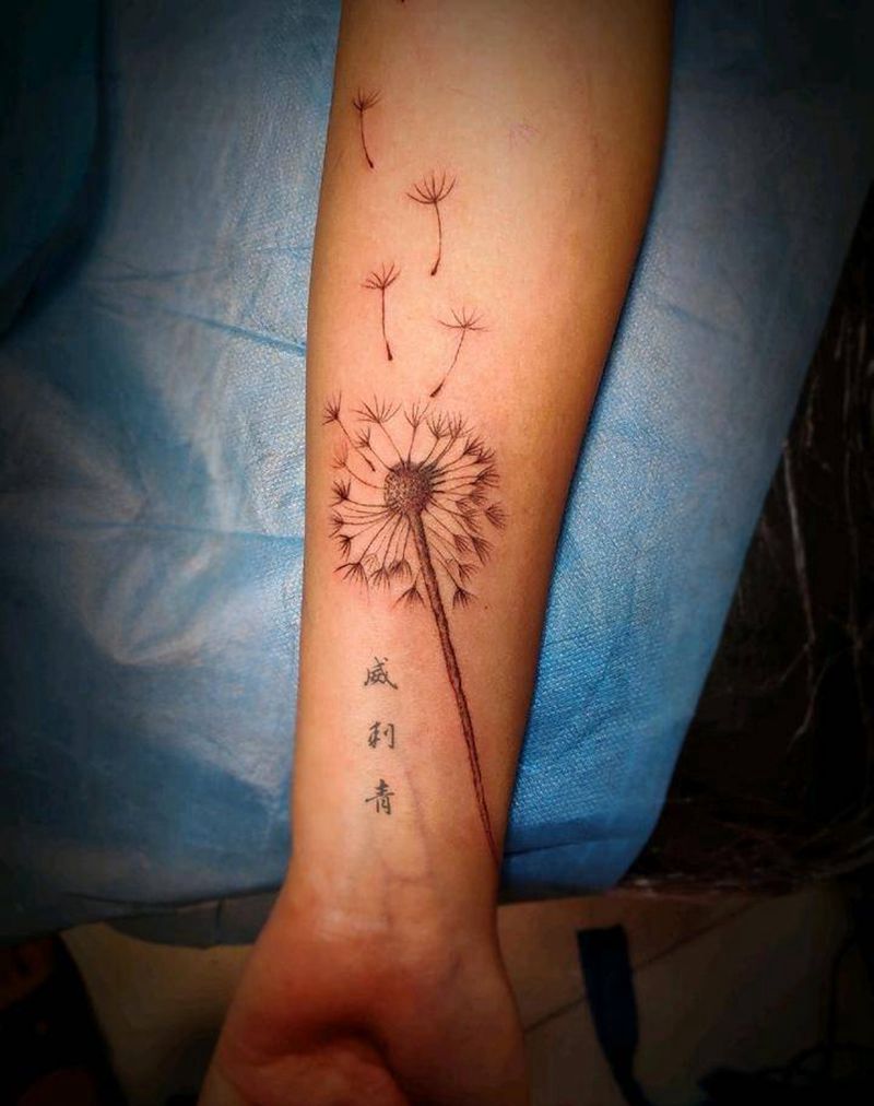 自由渴望纹身图片_手臂线条小清新蒲公英纹身图案