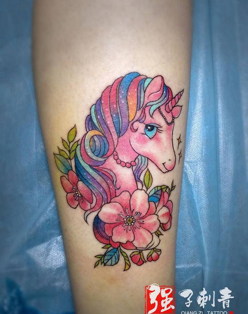 小清新彩色独角兽纹身图片_手臂新传统纹身图案