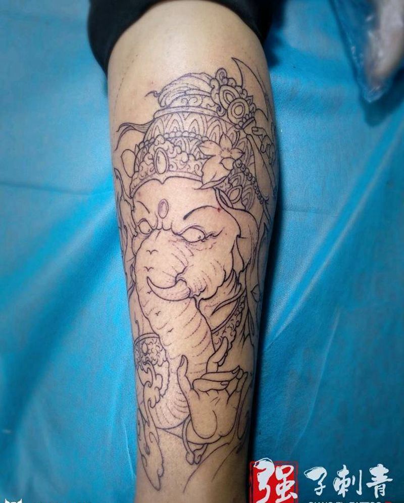 招财象神纹身图片_腿部新传统割线纹身图案