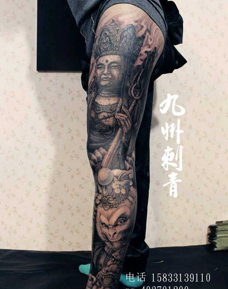 不言花腿纹身图片_腿部传统人物成品纹身图案