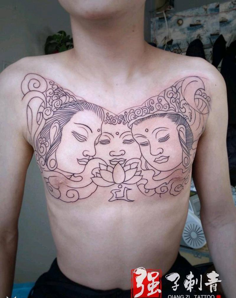 三面佛花胸纹身图片_胸部新传统三面佛花胸割线纹身图案