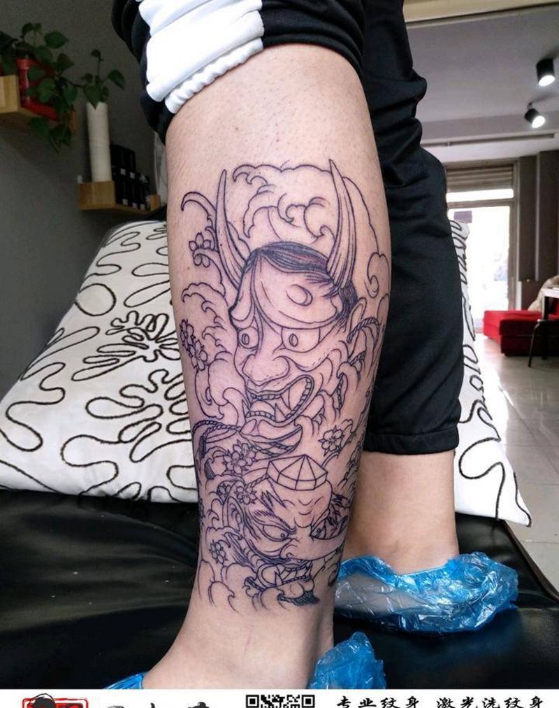 般若、天狗走线纹身图片_腿部新传统纹身图案