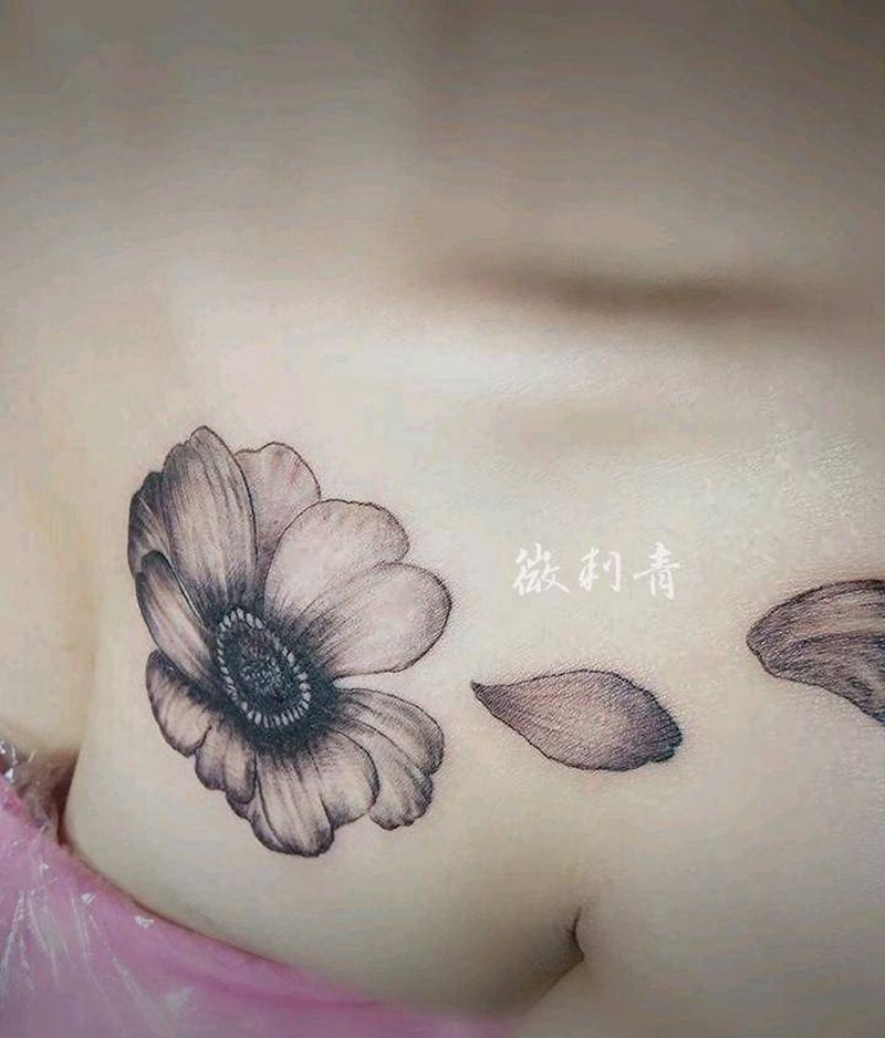 波斯菊纹身图片_胸部小清新波斯菊花纹身图案