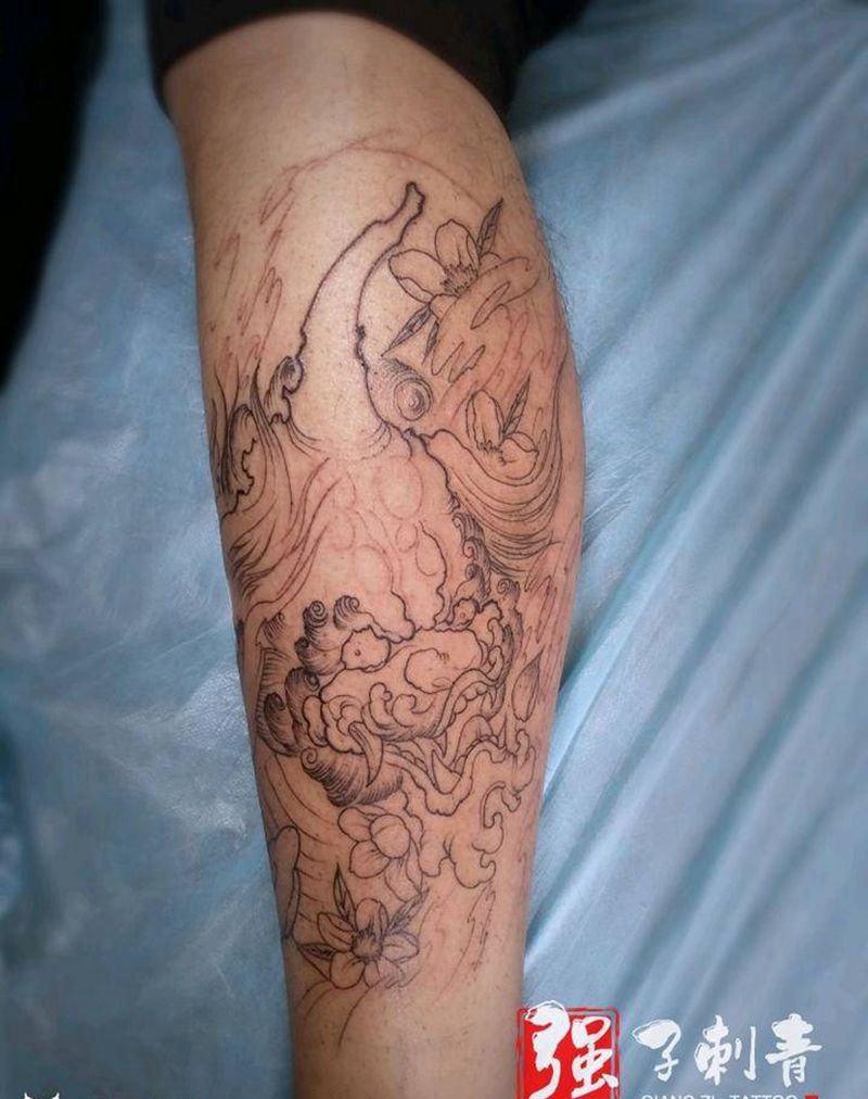 唐狮线条纹身图片_腿部新传统割线纹身图案