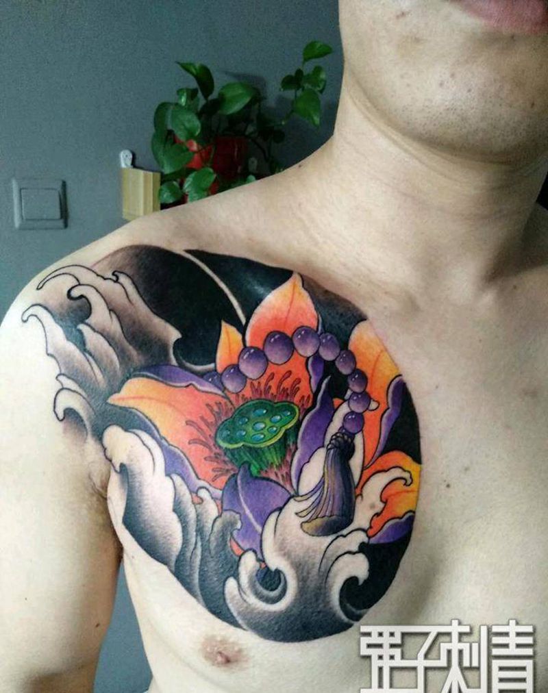 彩色荷花1纹身图片_胸部新传统纹身图案