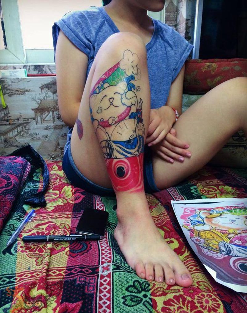 招财猫未完成纹身图片