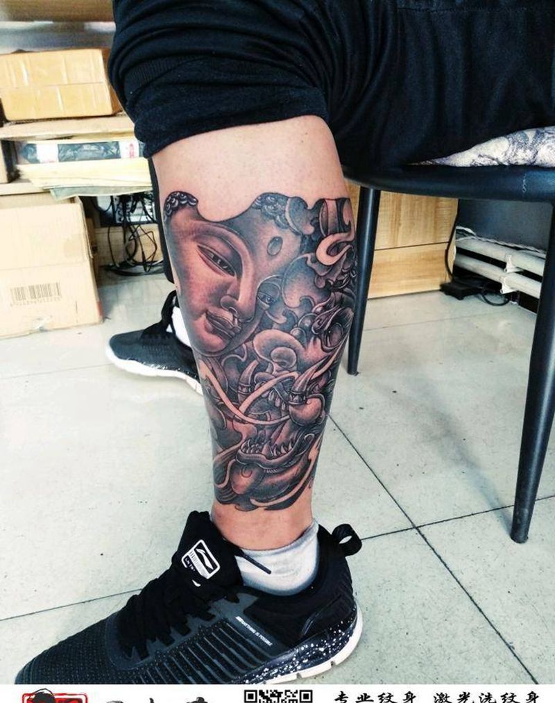 佛与魔纹身图片_腿部新传统纹身图案