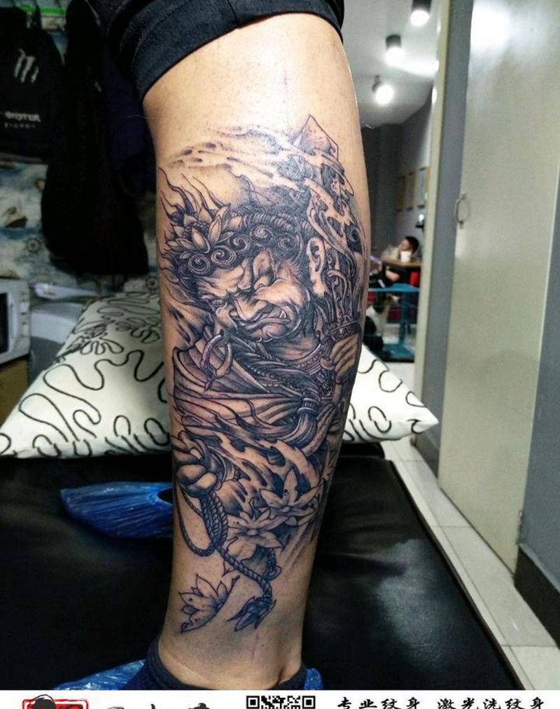 小腿不动明王纹身图片_腿部新传统纹身图案