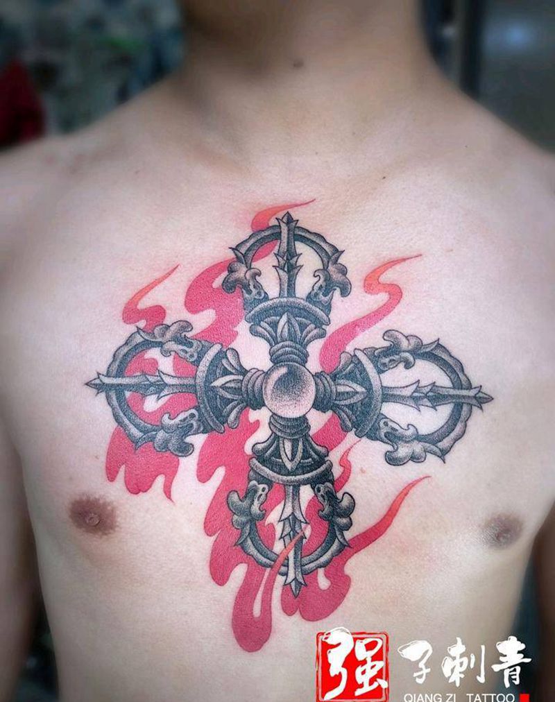 降魔杵纹身图片_胸部点刺新传统纹身图案
