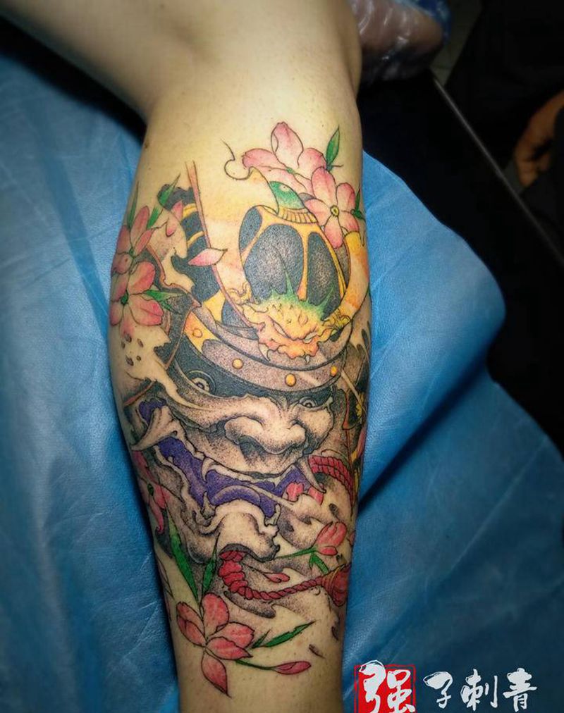 鬼武士完成了纹身图片_腿部新传统点刺彩色纹身纹身图案