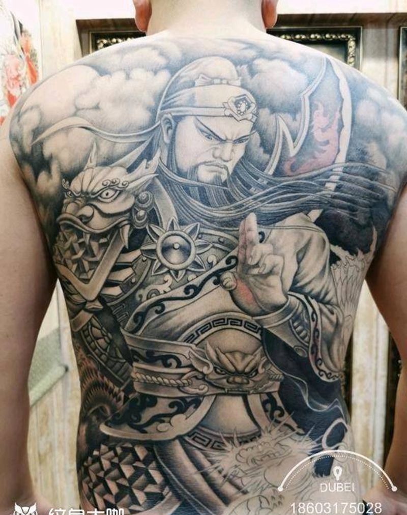 关公纹身图片_背部新传统关羽纹身图案
