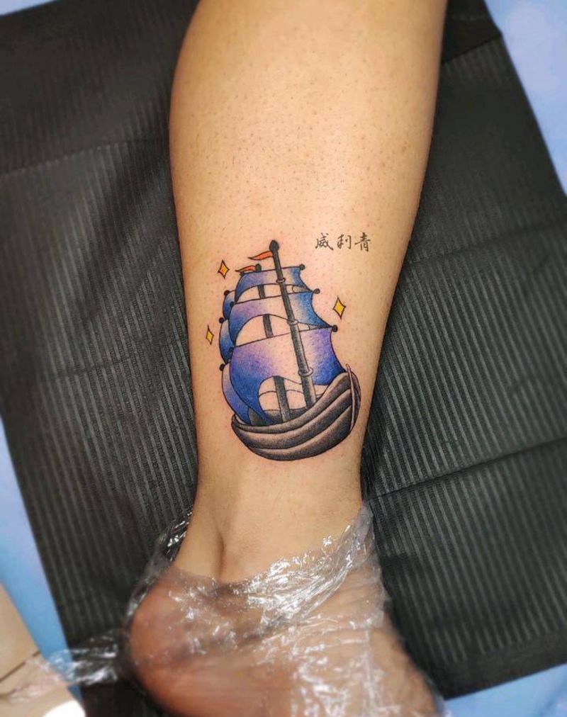 帆船.newschool⛵️纹身图片_腿部New School帆船脚踝小腿纹身图案