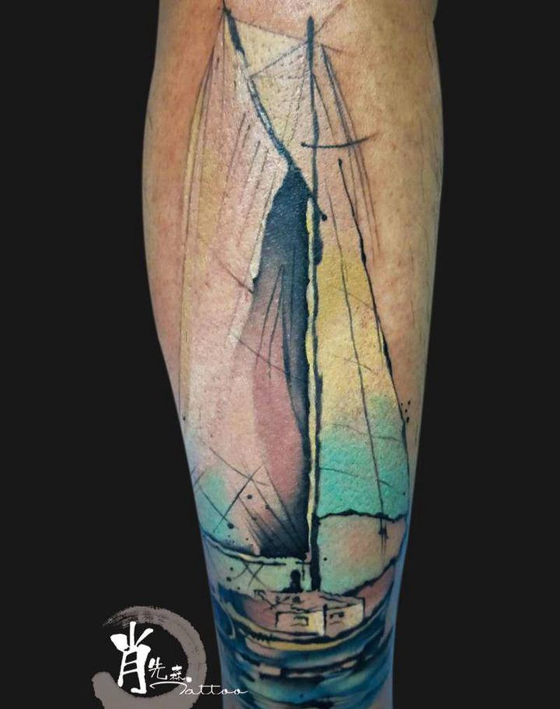 水墨帆船纹身图片