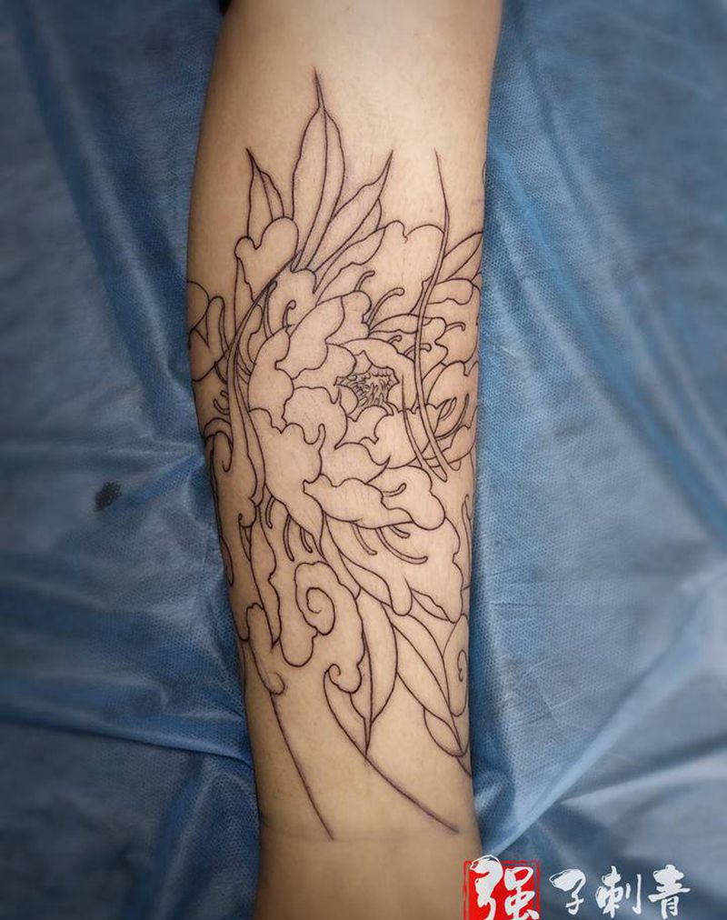 牡丹花线条纹身图片_新传统割线纹身图案