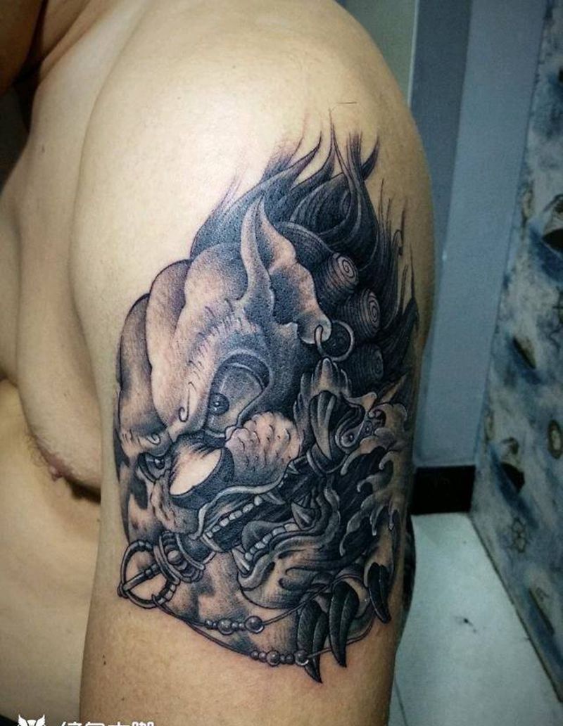 《唐狮》遮盖旧纹身纹身图片_手臂新传统遮盖纹身图案