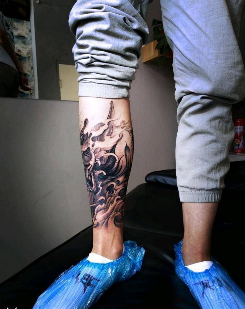 包小腿般若打雾纹身图片_腿部新传统纹身图案