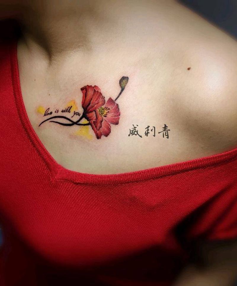 山丹丹开花红艳艳纹身图片_胸部水彩小清新锁骨花卉纹身图案