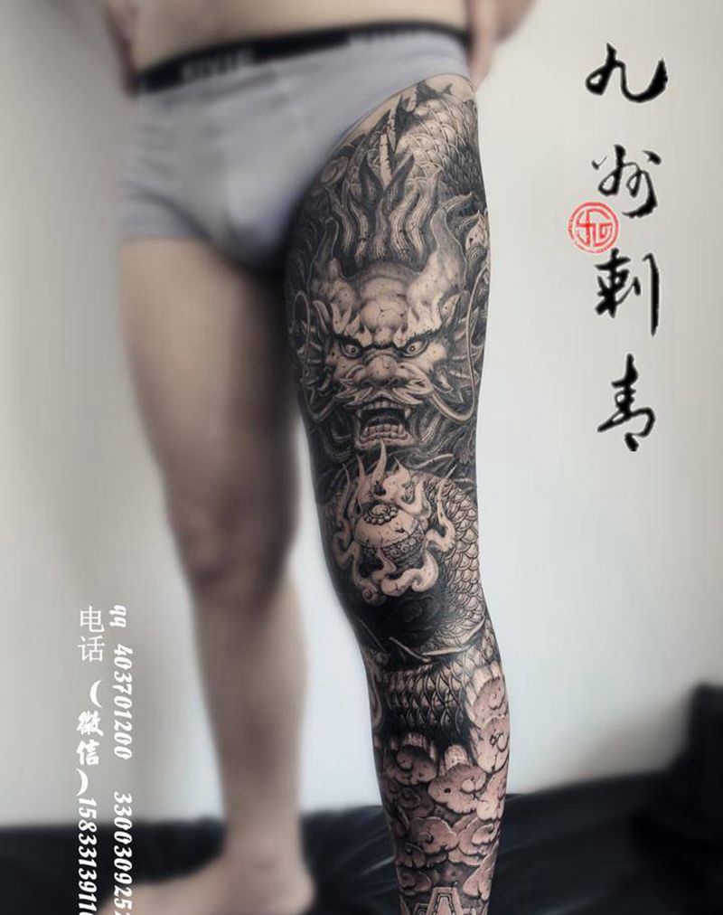 石雕盘龙腿纹身图片