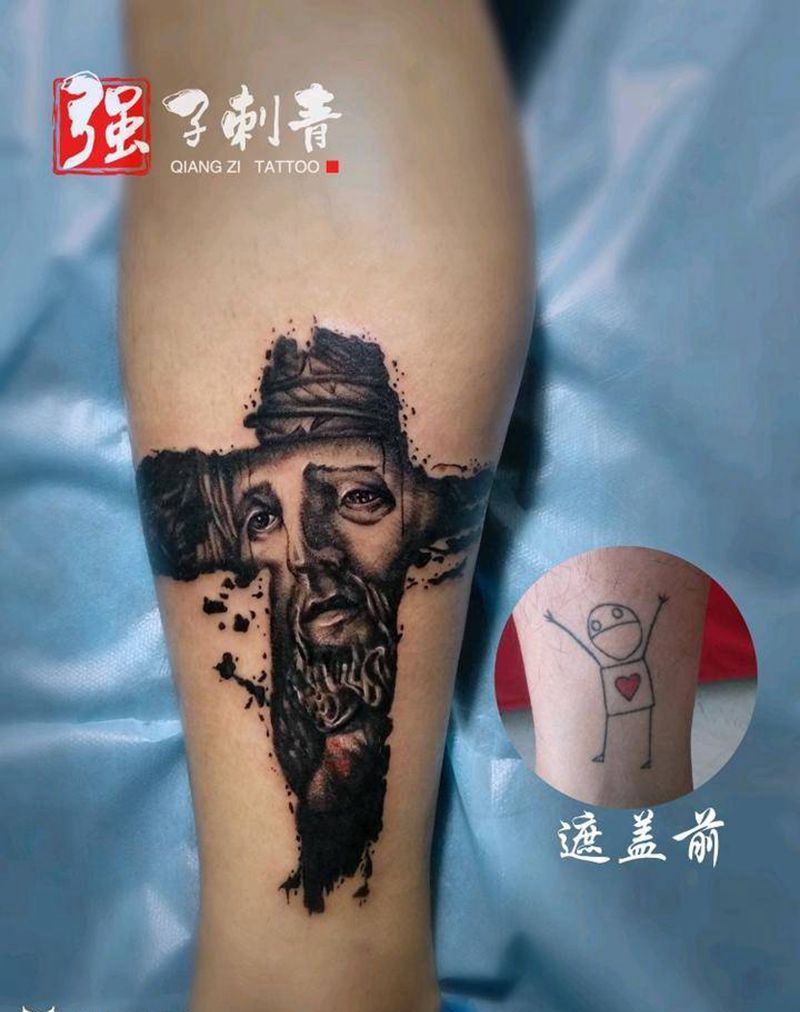 耶稣遮盖旧纹身纹身图片_腿部欧美写实纹身图案