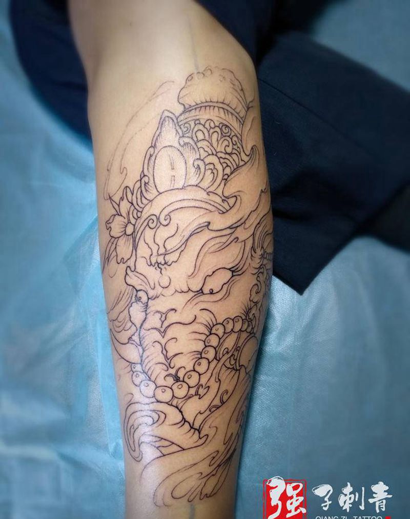 象神割线纹身图片_腿部新传统纹身图案