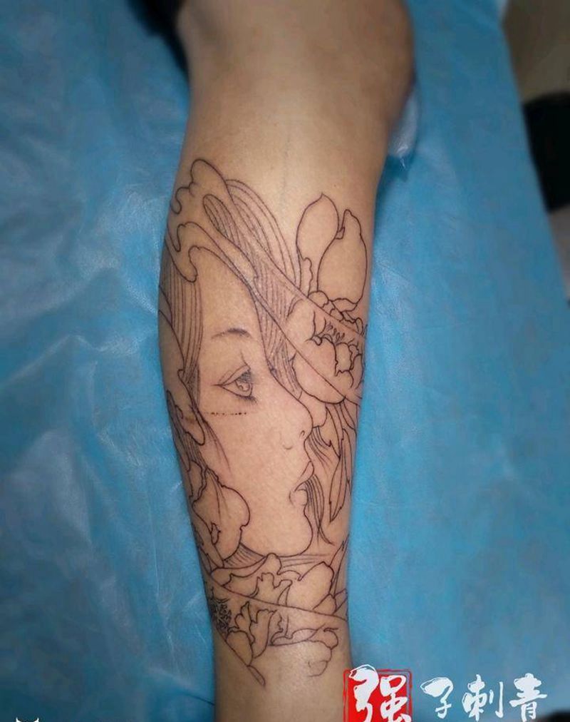 艺伎牡丹线条纹身图片_腿部新传统纹身图案