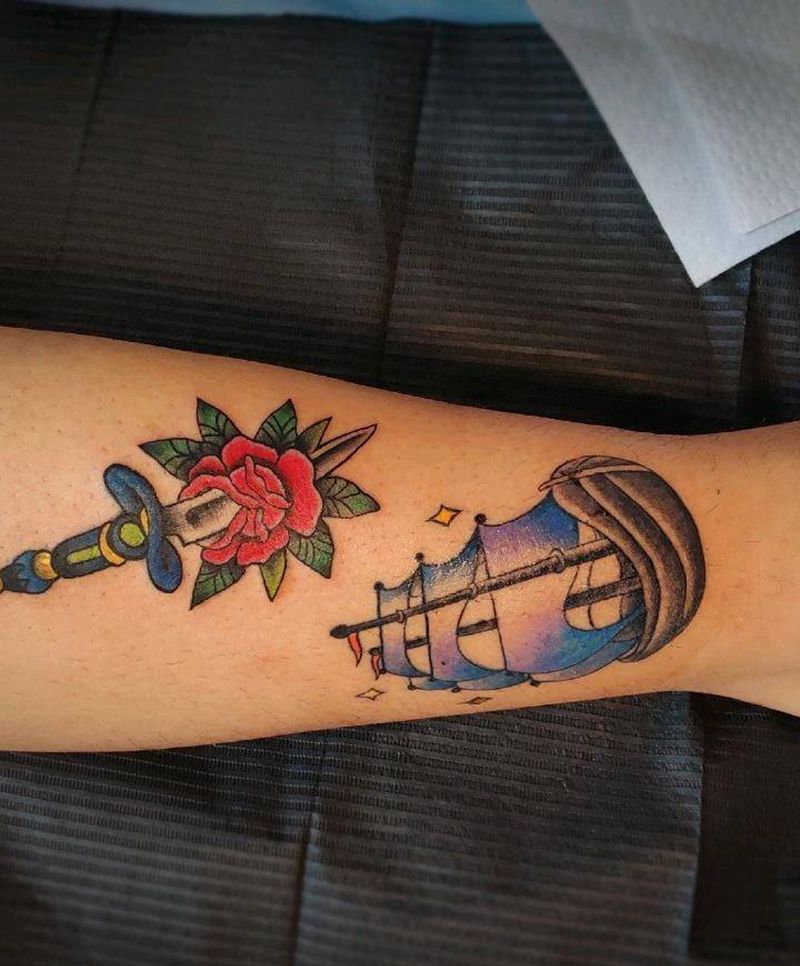 school拼接纹身图片_腿部Old SchoolNew School玫瑰匕首欧美纹身图案