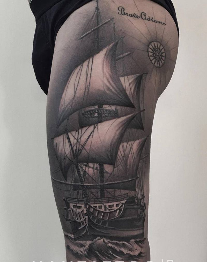 帆船纹身图片_腿部欧美写实纹身图案