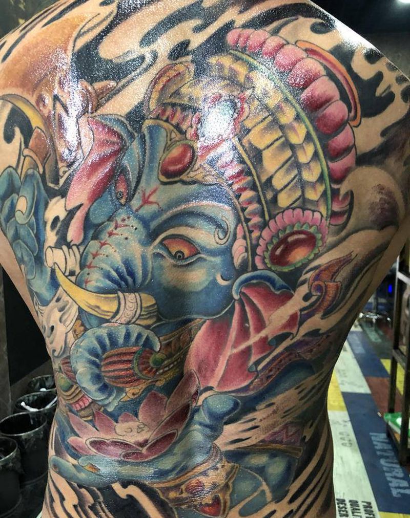 满背象神三年前作品纹身图片_新传统纹身图案