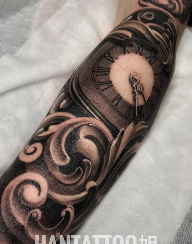 小臂钟表纹身图片_手臂欧美写实纹身图案