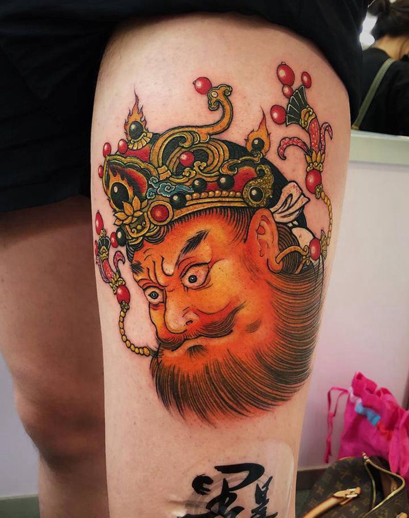 广目天王纹身图片_腿部纹身图案