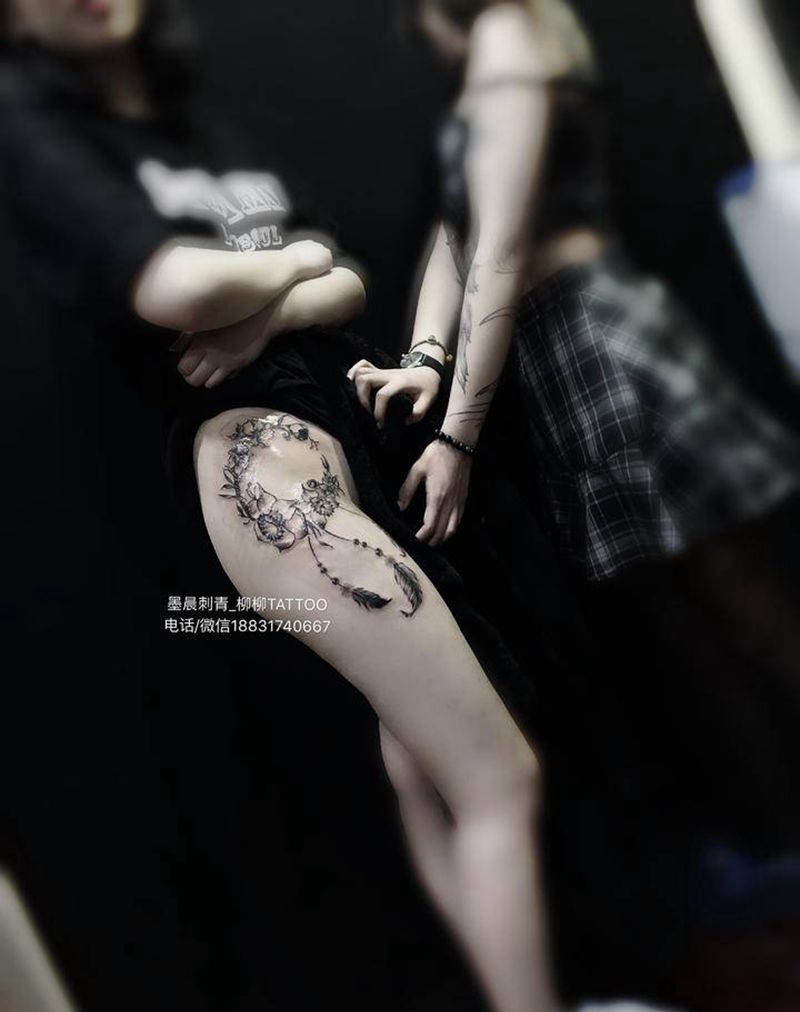 花环捕梦网纹身图片_腿部纹身图案