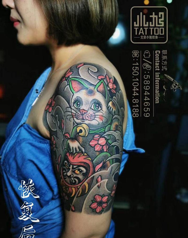 招财猫达摩蛋纹身图片_手臂肩部老传统达摩蛋招财猫纹身图案