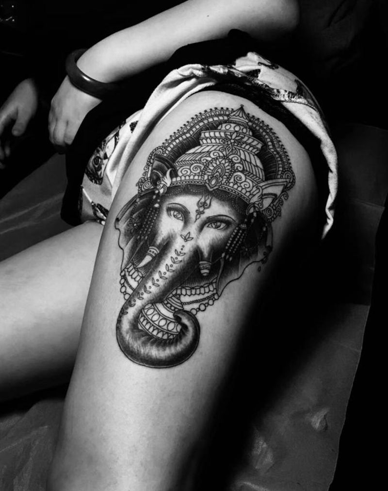 象神纹身图片_腿部象神纹身图案