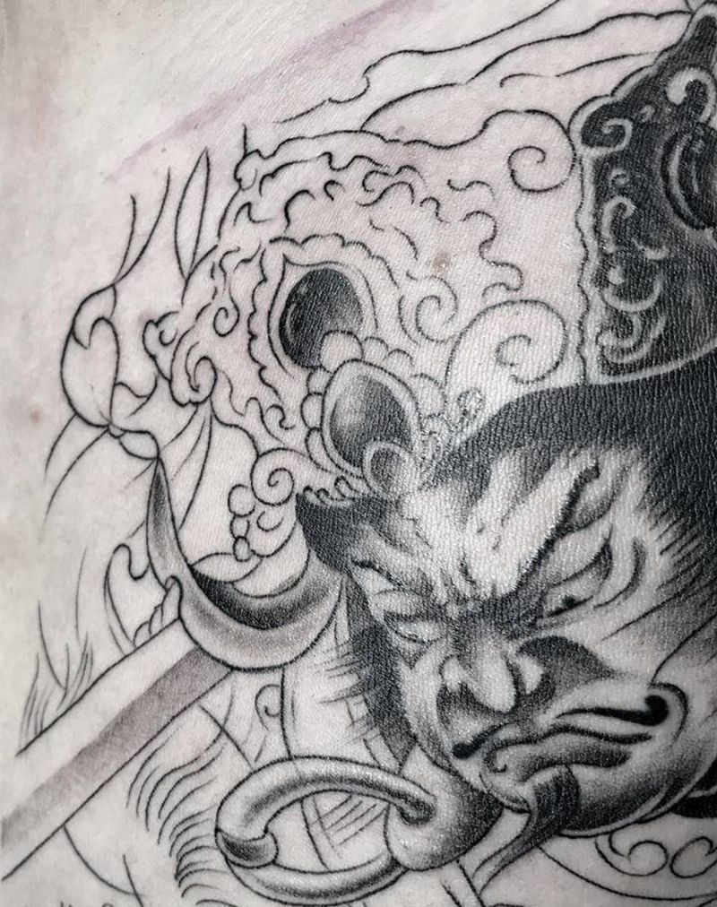 增长天王纹身图片_胸部老传统纹身图案