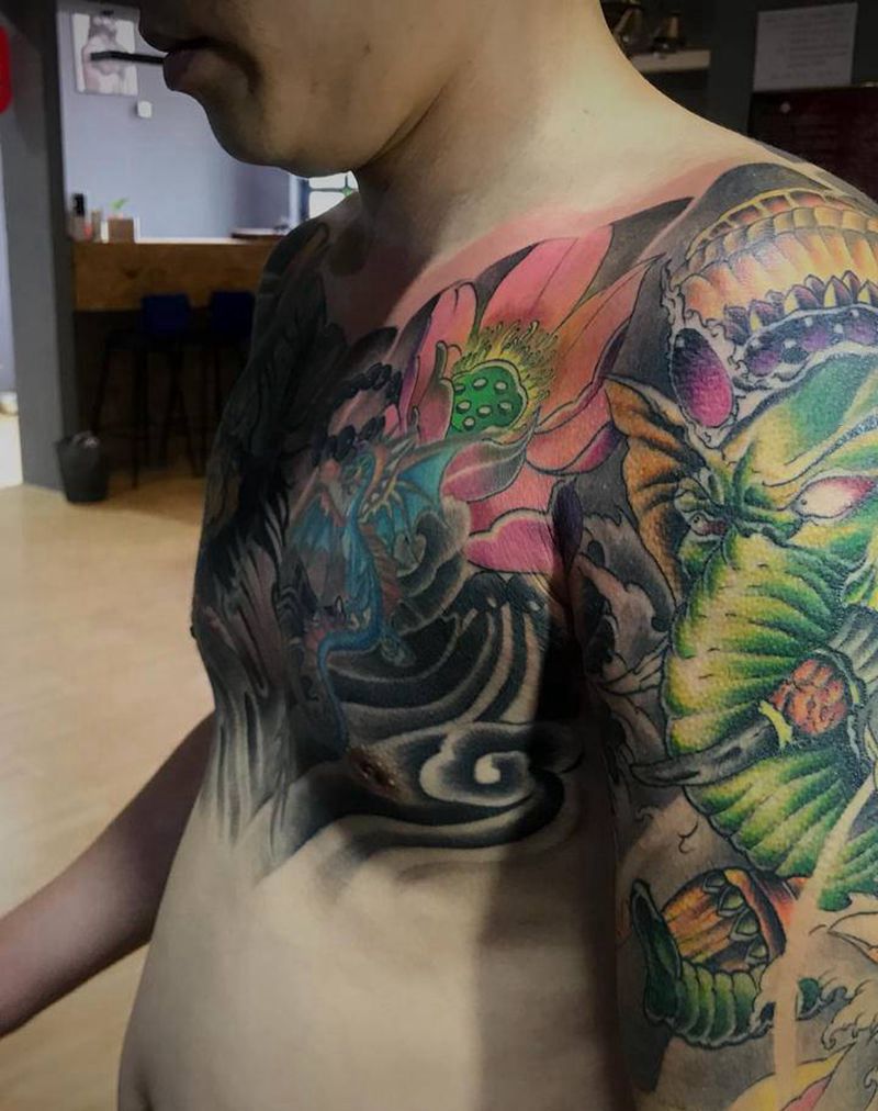 象神纹身图片_肩部新传统老传统纹身图案