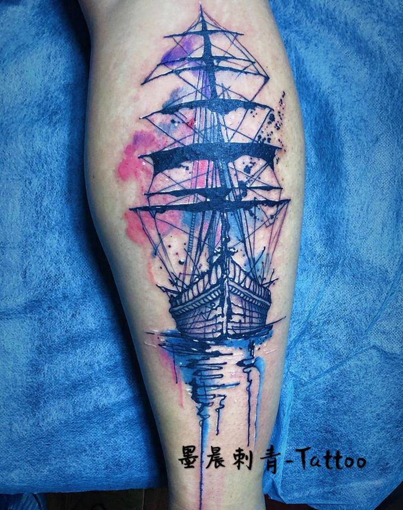 帆船⛵️纹身图片_腿部纹身图案