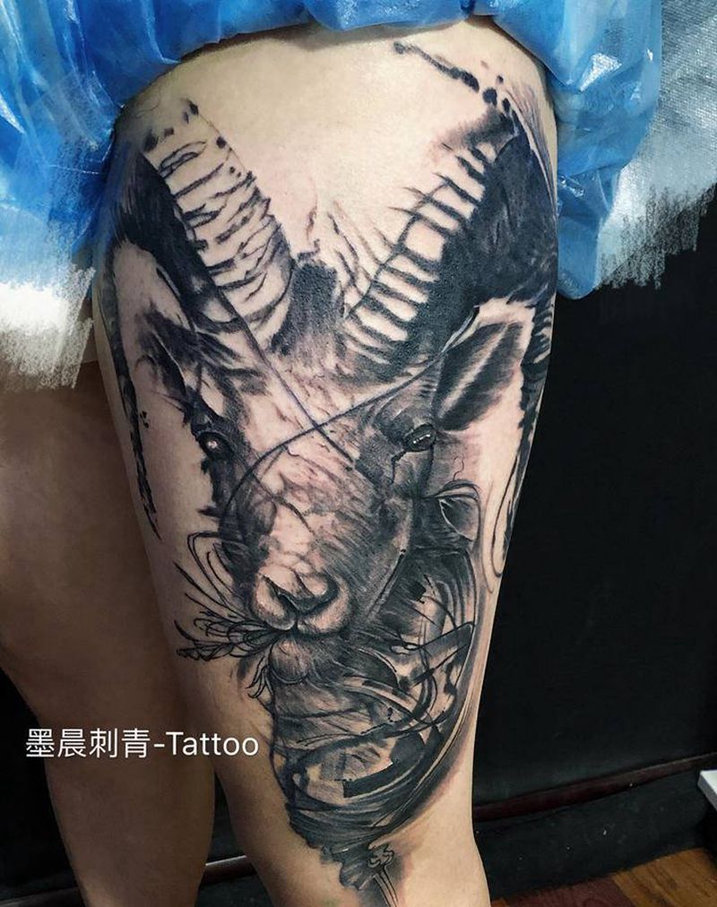 临摹  羊头纹身图片_腿部纹身图案