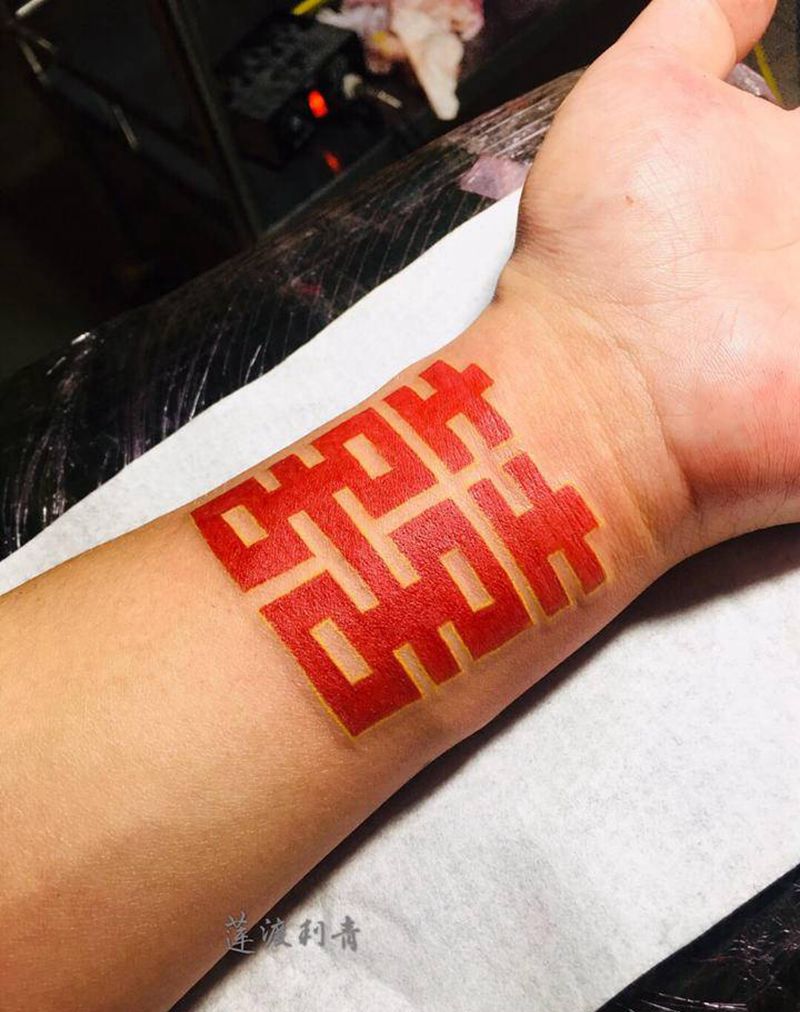 囍纹身图片_手臂新传统纹身图案