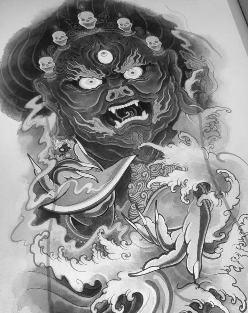 满背大黑天手稿纹身图片_背部新传统大黑天纹身图案