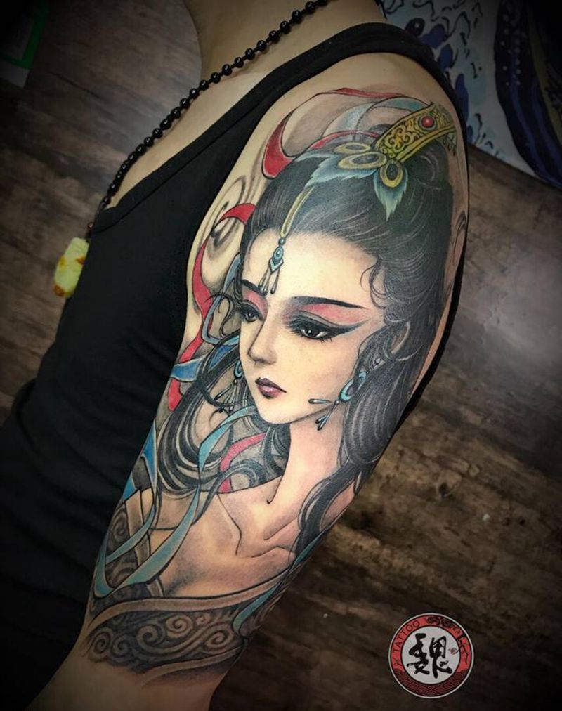 艺妓纹身图片_手臂新传统纹身图案