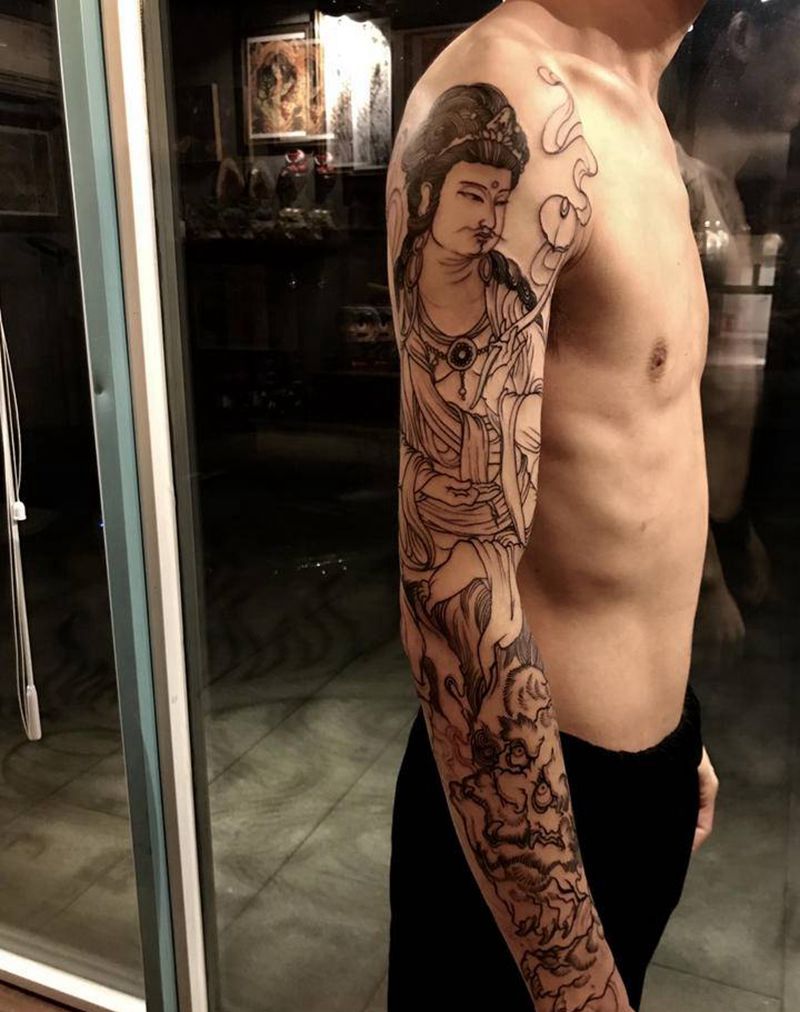 未完成纹身图片_手臂新传统文殊菩萨唐狮纹身图案