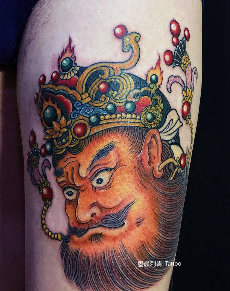 天王纹身图片_腿部老传统纹身图案